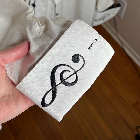 Axxess White Cotton Black Music Notes Embroidery High Collar French Cuff Shirt 3 - Picture 3 of 7